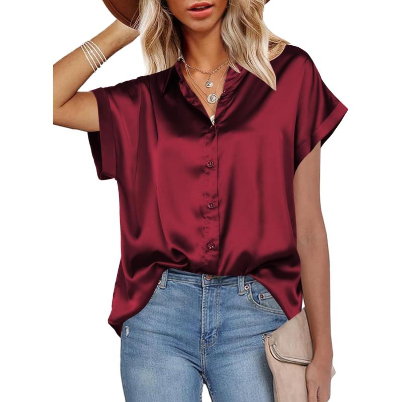 HOTOUCH Silk Button Down Shirts for Women Satin Short Sleeve V Neck Casual Work Office Blouse Tunic TopsWine Red