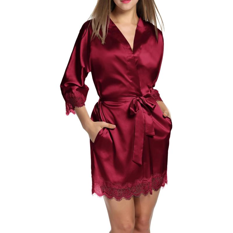 HOTOUCH Silk Robes for Women Short Lace Trim Satin Bride Robe 34 Sleeve Sexy Kimono Robe Sleepwear with PocketsA Wine Red