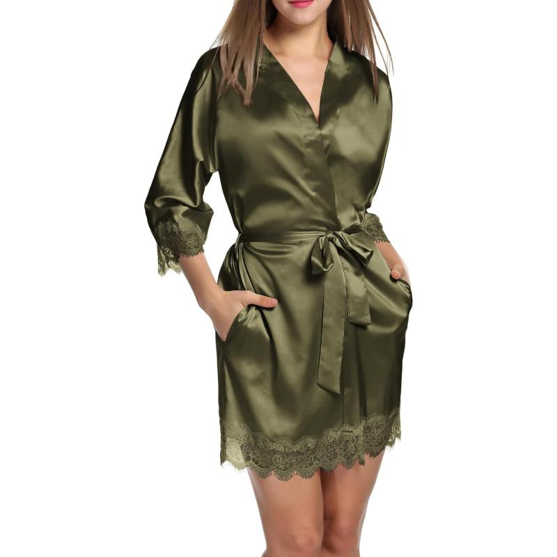 HOTOUCH Silk Robes for Women Short Lace Trim Satin Bride Robe 34 Sleeve Sexy Kimono Robe Sleepwear with PocketsArmy Green