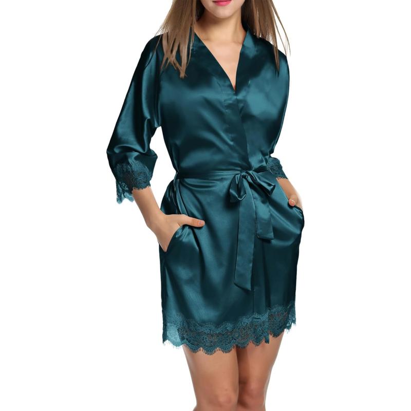 HOTOUCH Silk Robes for Women Short Lace Trim Satin Bride Robe 34 Sleeve Sexy Kimono Robe Sleepwear with PocketsPeacock Blue