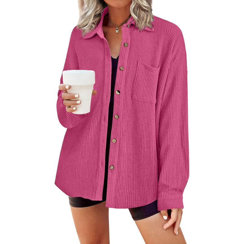 HOTOUCH Waffle Button Down Shirt Women Casual Knit Tops Long Sleeve Loose Fit Shacket with Pocket02hot Pink