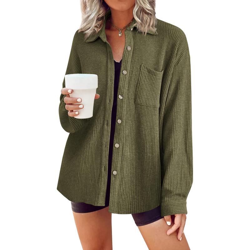 HOTOUCH Waffle Button Down Shirt Women Casual Knit Tops Long Sleeve Loose Fit Shacket with PocketArmy Green