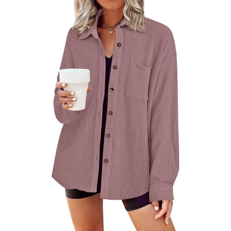 HOTOUCH Waffle Button Down Shirt Women Casual Knit Tops Long Sleeve Loose Fit Shacket with PocketBean Paste