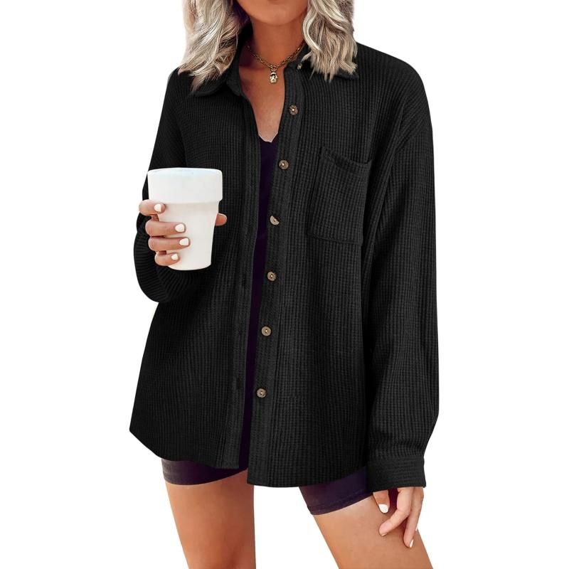 HOTOUCH Waffle Button Down Shirt Women Casual Knit Tops Long Sleeve Loose Fit Shacket with PocketBlack