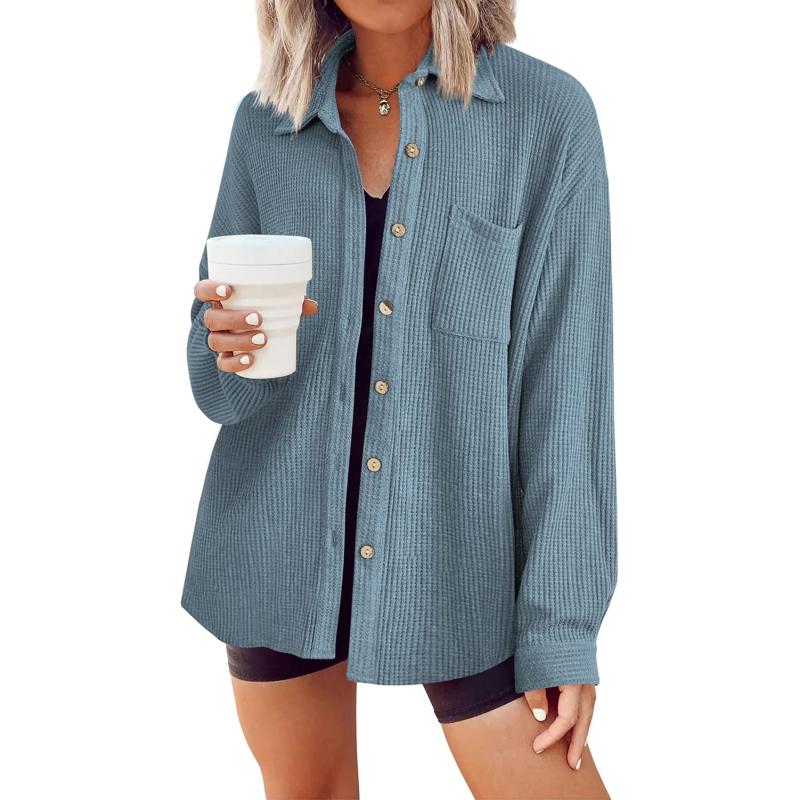 HOTOUCH Waffle Button Down Shirt Women Casual Knit Tops Long Sleeve Loose Fit Shacket with PocketClear Blue