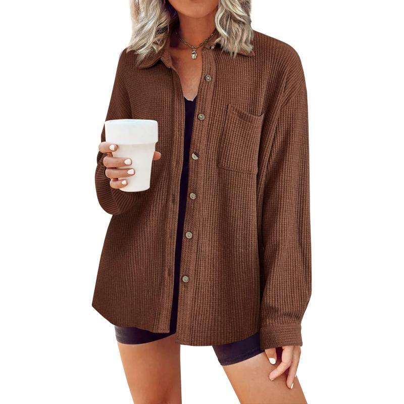 HOTOUCH Waffle Button Down Shirt Women Casual Knit Tops Long Sleeve Loose Fit Shacket with PocketCoffee