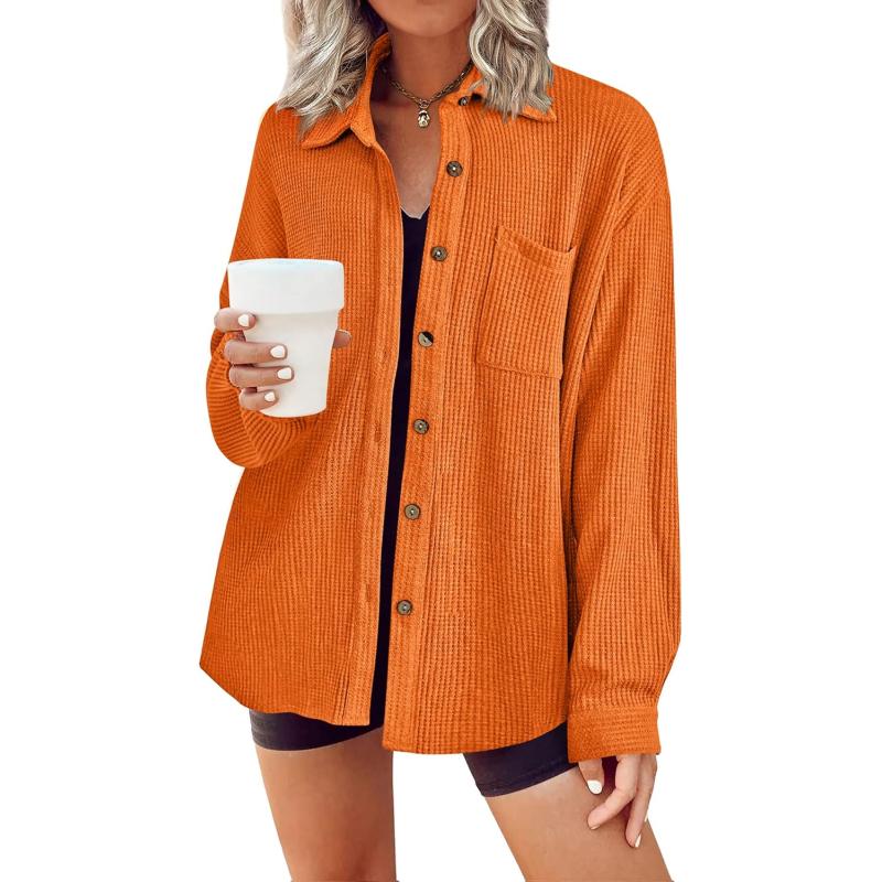 HOTOUCH Waffle Button Down Shirt Women Casual Knit Tops Long Sleeve Loose Fit Shacket with PocketOrange