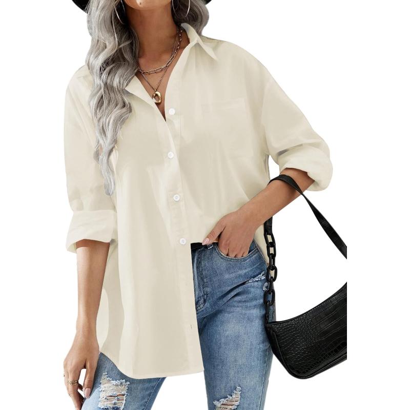 HOTOUCH Women Button Down Shirts Office Drop Shoulder Oversized Blouse Long Sleeve Boyfriend Dress Shirt with PocketsBeige