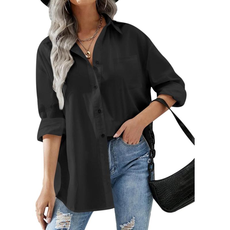 HOTOUCH Women Button Down Shirts Office Drop Shoulder Oversized Blouse Long Sleeve Boyfriend Dress Shirt with PocketsBlack