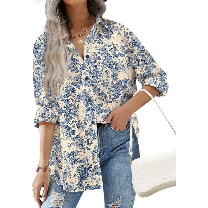 HOTOUCH Women Button Down Shirts Office Drop Shoulder Oversized Blouse Long Sleeve Boyfriend Dress Shirt with PocketsBlue Print