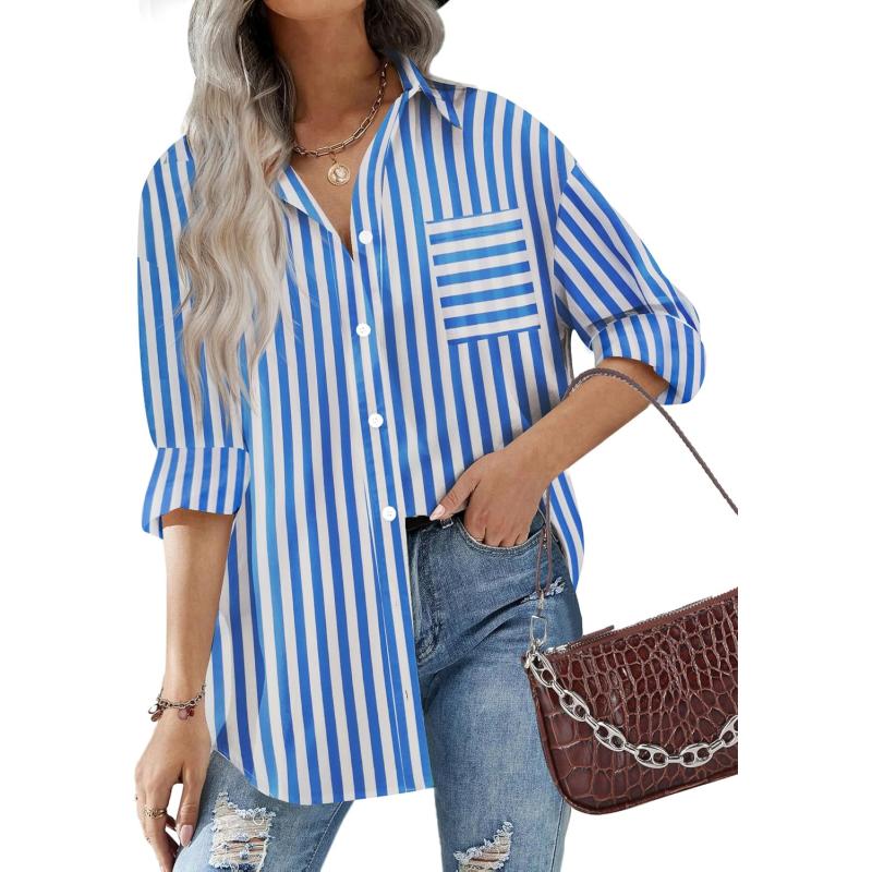 HOTOUCH Women Button Down Shirts Office Drop Shoulder Oversized Blouse Long Sleeve Boyfriend Dress Shirt with PocketsBlue Stripes