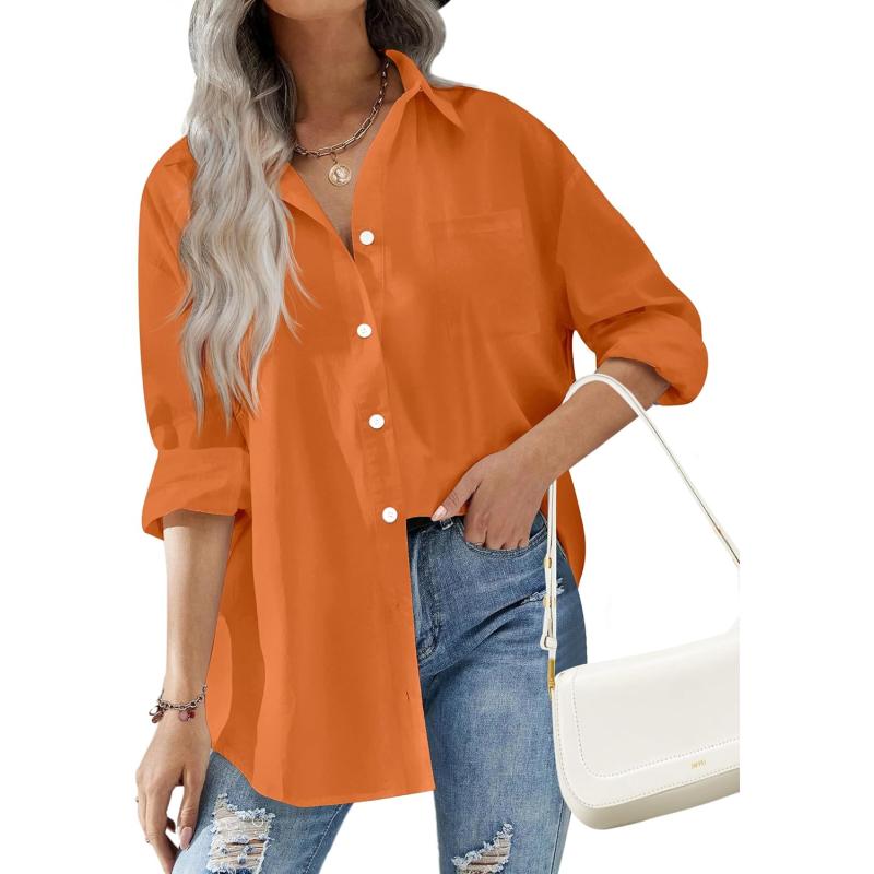HOTOUCH Women Button Down Shirts Office Drop Shoulder Oversized Blouse Long Sleeve Boyfriend Dress Shirt with PocketsBurnt Orange