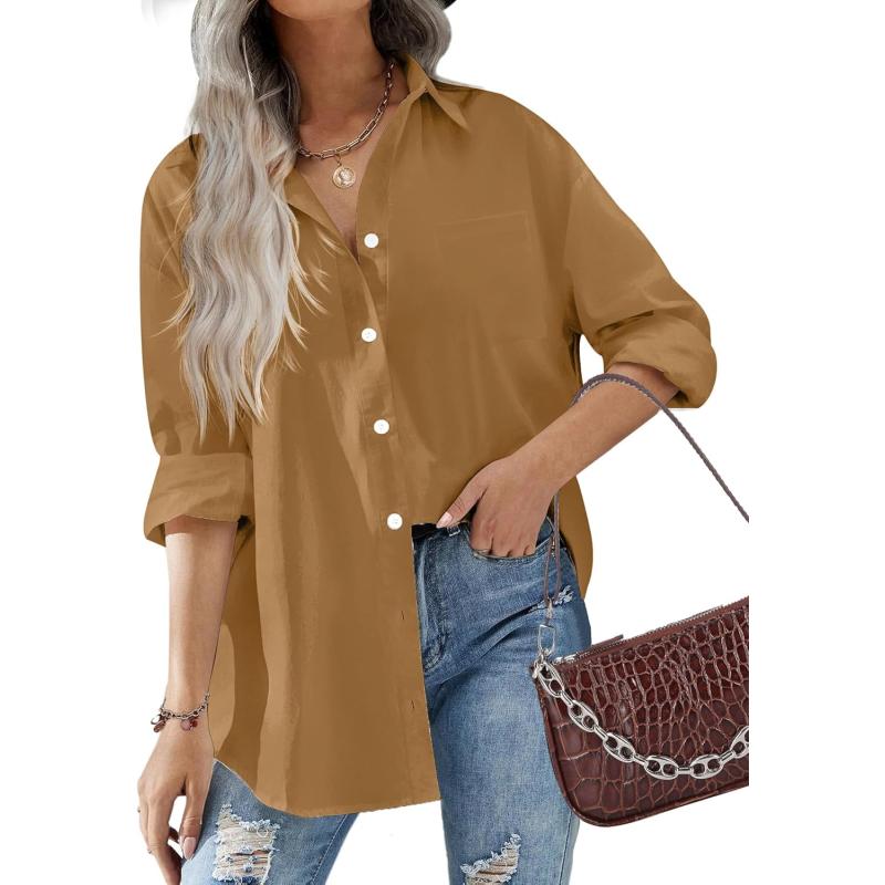 HOTOUCH Women Button Down Shirts Office Drop Shoulder Oversized Blouse Long Sleeve Boyfriend Dress Shirt with PocketsDark Khaki
