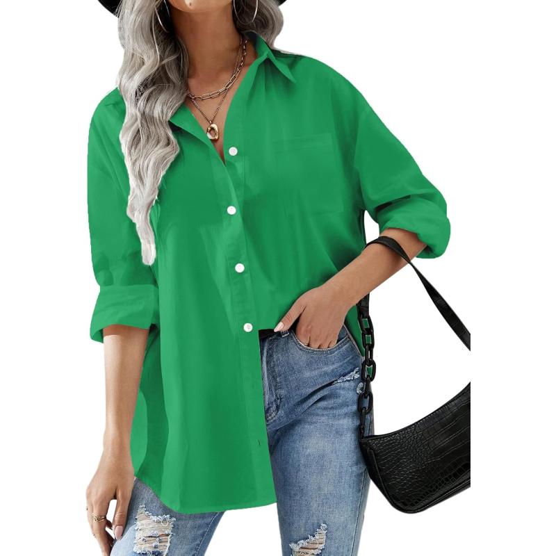 HOTOUCH Women Button Down Shirts Office Drop Shoulder Oversized Blouse Long Sleeve Boyfriend Dress Shirt with PocketsGreen
