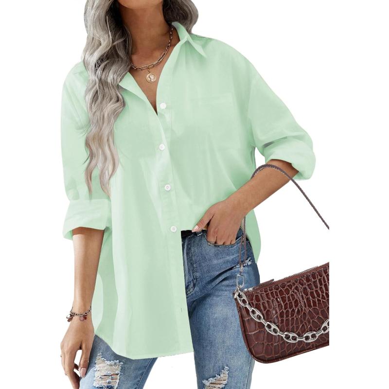 HOTOUCH Women Button Down Shirts Office Drop Shoulder Oversized Blouse Long Sleeve Boyfriend Dress Shirt with PocketsLight Green