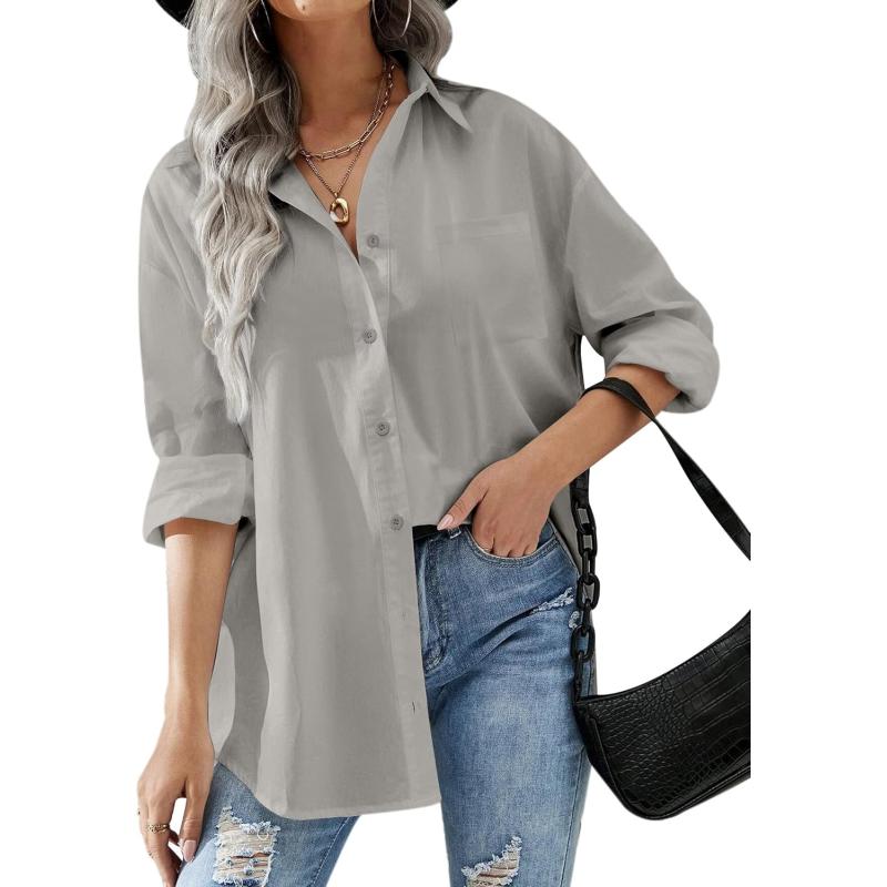 HOTOUCH Women Button Down Shirts Office Drop Shoulder Oversized Blouse Long Sleeve Boyfriend Dress Shirt with PocketsLight Grey