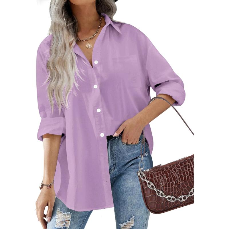 HOTOUCH Women Button Down Shirts Office Drop Shoulder Oversized Blouse Long Sleeve Boyfriend Dress Shirt with PocketsPurple