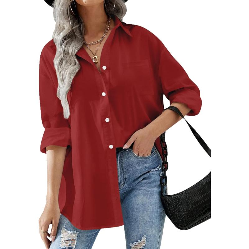 HOTOUCH Women Button Down Shirts Office Drop Shoulder Oversized Blouse Long Sleeve Boyfriend Dress Shirt with PocketsRed