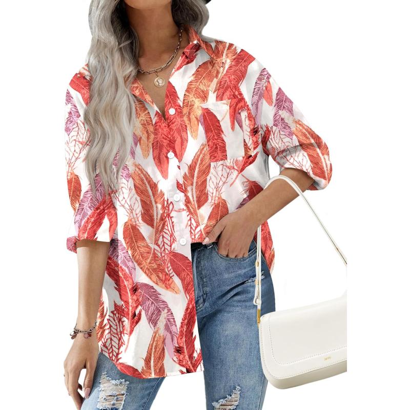 HOTOUCH Women Button Down Shirts Office Drop Shoulder Oversized Blouse Long Sleeve Boyfriend Dress Shirt with PocketsRed Leaves