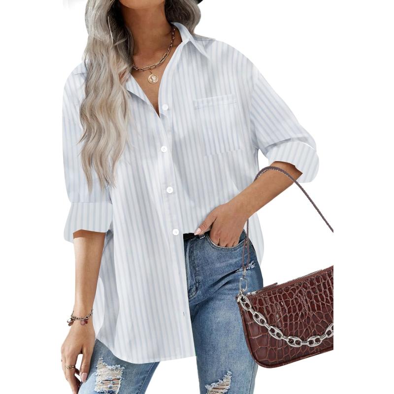 HOTOUCH Women Button Down Shirts Office Drop Shoulder Oversized Blouse Long Sleeve Boyfriend Dress Shirt with PocketsStripes