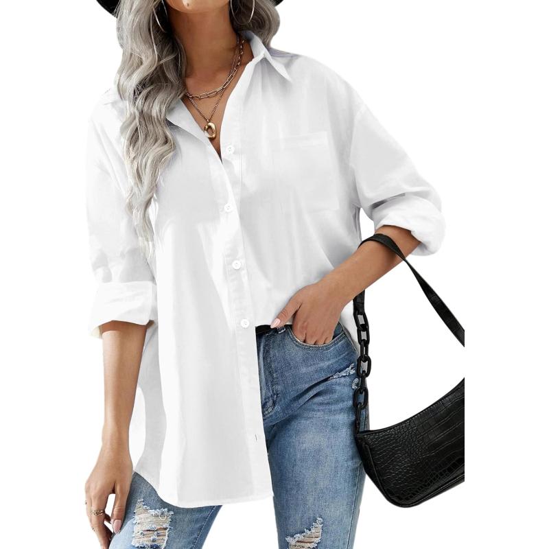 HOTOUCH Women Button Down Shirts Office Drop Shoulder Oversized Blouse Long Sleeve Boyfriend Dress Shirt with PocketsWhite