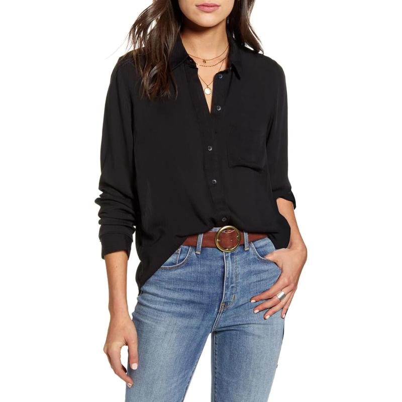 HOTOUCH Women Button Down Shirts with Pockets Long Sleeve Office Blouses Casual Business Tops Slim Fit Chiffon Shirts SXXLA Black
