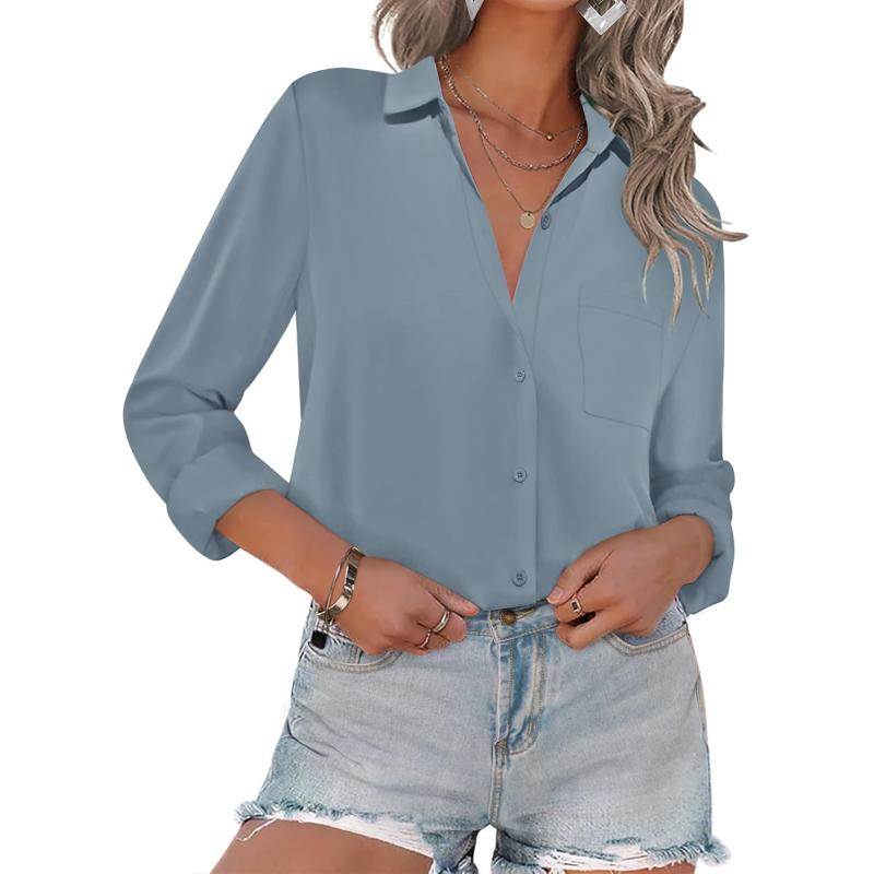 HOTOUCH Women Button Down Shirts with Pockets Long Sleeve Office Blouses Casual Business Tops Slim Fit Chiffon Shirts SXXLBlue Grey