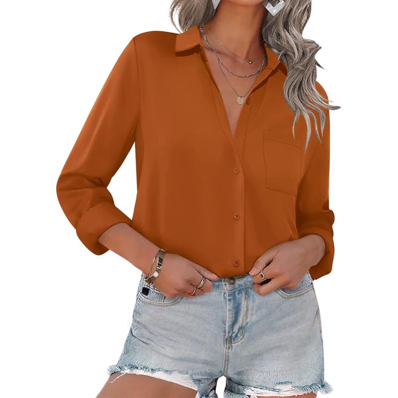HOTOUCH Women Button Down Shirts with Pockets Long Sleeve Office Blouses Casual Business Tops Slim Fit Chiffon Shirts SXXLOrange