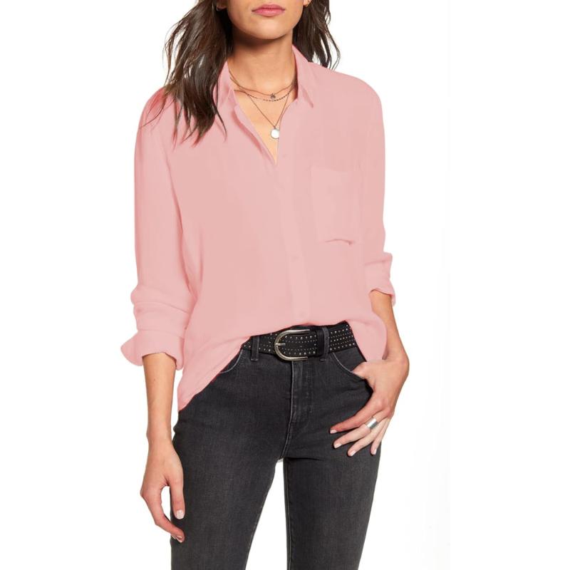 HOTOUCH Women Button Down Shirts with Pockets Long Sleeve Office Blouses Casual Business Tops Slim Fit Chiffon Shirts SXXLPink