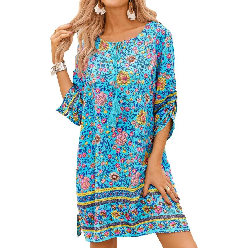 HOTOUCH Women Casual Beach Summer Dress Boho Tassel Tie Neck 34 Long Sleeve Short Floral Print Flowy Cover Up Sundresses01 Blue