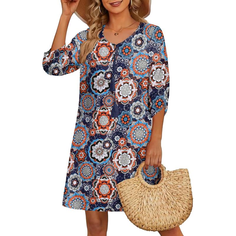 HOTOUCH Women Casual Beach Summer Dress Boho Tassel Tie Neck 34 Long Sleeve Short Floral Print Flowy Cover Up SundressesDark Blue