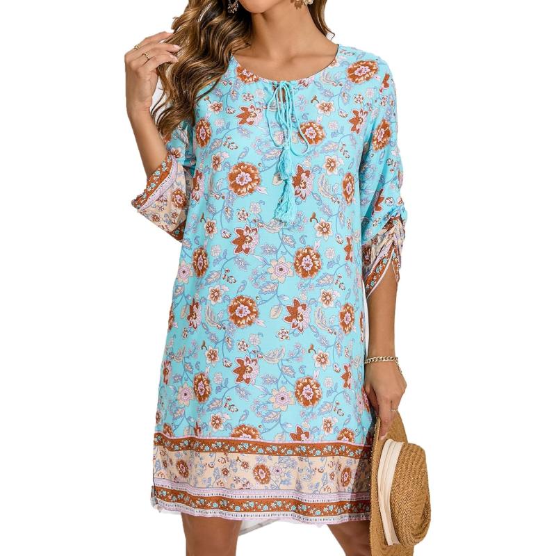 HOTOUCH Women Casual Beach Summer Dress Boho Tassel Tie Neck 34 Long Sleeve Short Floral Print Flowy Cover Up SundressesLight Blue