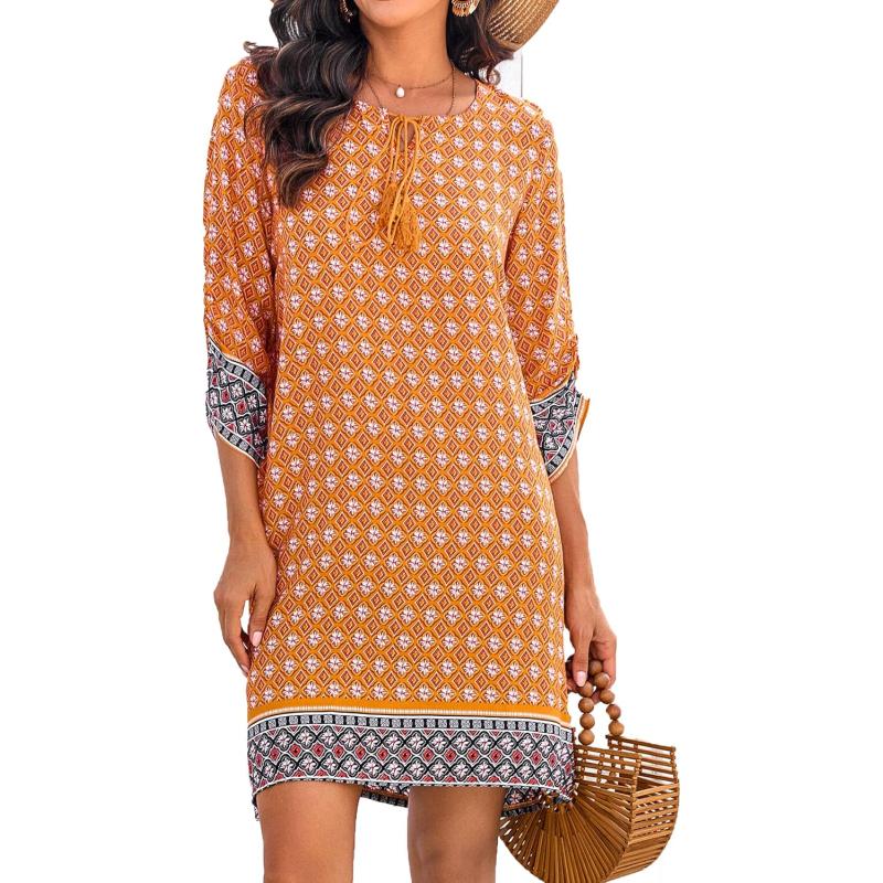 HOTOUCH Women Casual Beach Summer Dress Boho Tassel Tie Neck 34 Long Sleeve Short Floral Print Flowy Cover Up SundressesYellow
