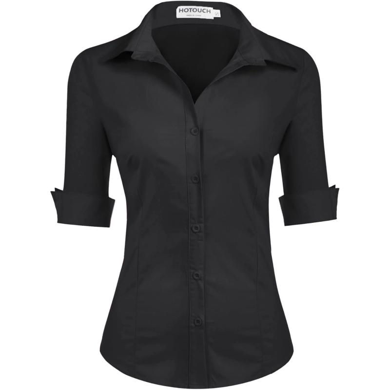 HOTOUCH Womens 34 Sleeve Button Down Shirt Slim Fit Work Blouses Cotton Dress Shirts Office TopsA  Black Slim Fit  a Size Up for Relaxed Fit