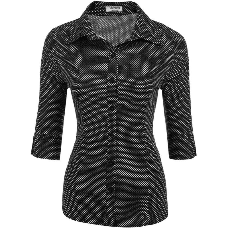 HOTOUCH Womens 34 Sleeve Button Down Shirt Slim Fit Work Blouses Cotton Dress Shirts Office TopsBlack Polka Dots Slim Fit  a Size Up for Relaxed Fit
