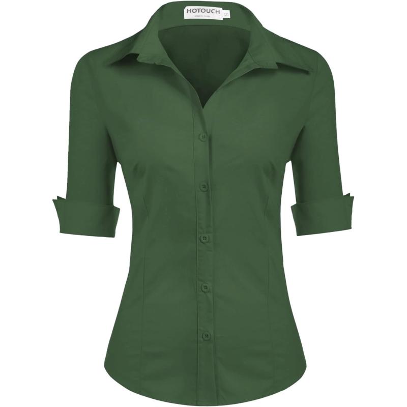 HOTOUCH Womens 34 Sleeve Button Down Shirt Slim Fit Work Blouses Cotton Dress Shirts Office TopsGreen Slim Fit  a Size Up for Relaxed Fit