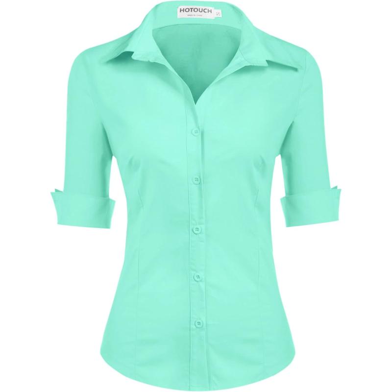 HOTOUCH Womens 34 Sleeve Button Down Shirt Slim Fit Work Blouses Cotton Dress Shirts Office TopsIce Green Slim Fit  a Size Up for Relaxed Fit