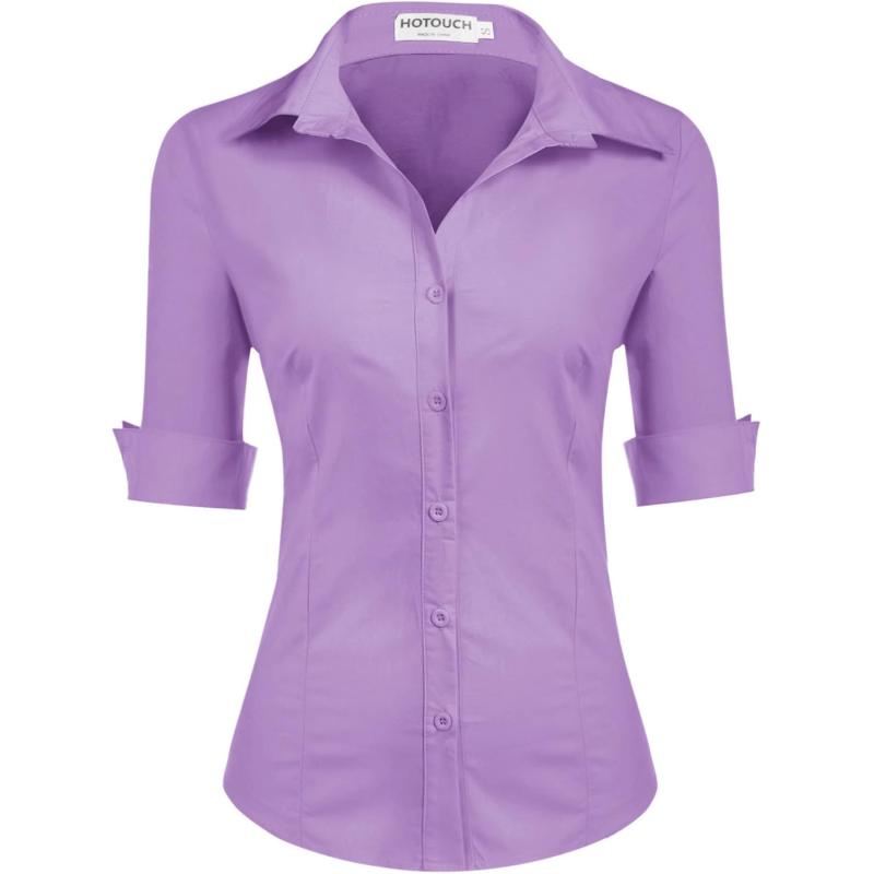 HOTOUCH Womens 34 Sleeve Button Down Shirt Slim Fit Work Blouses Cotton Dress Shirts Office TopsLilac Purple Slim Fit  a Size Up for Relaxed Fit
