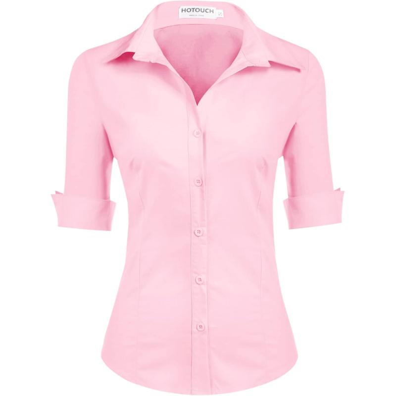 HOTOUCH Womens 34 Sleeve Button Down Shirt Slim Fit Work Blouses Cotton Dress Shirts Office TopsMisty Rose Slim Fit  a Size Up for Relaxed Fit