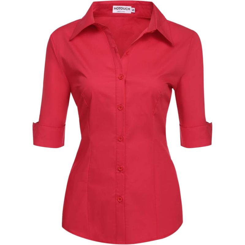 HOTOUCH Womens 34 Sleeve Button Down Shirt Slim Fit Work Blouses Cotton Dress Shirts Office TopsRed Slim Fit  a Size Up for Relaxed Fit