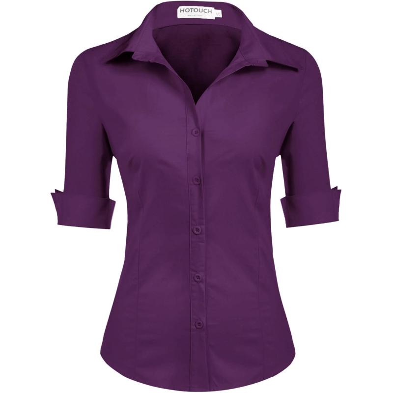 HOTOUCH Womens 34 Sleeve Button Down Shirt Slim Fit Work Blouses Cotton Dress Shirts Office TopsWineberry Slim Fit  a Size Up for Relaxed Fit