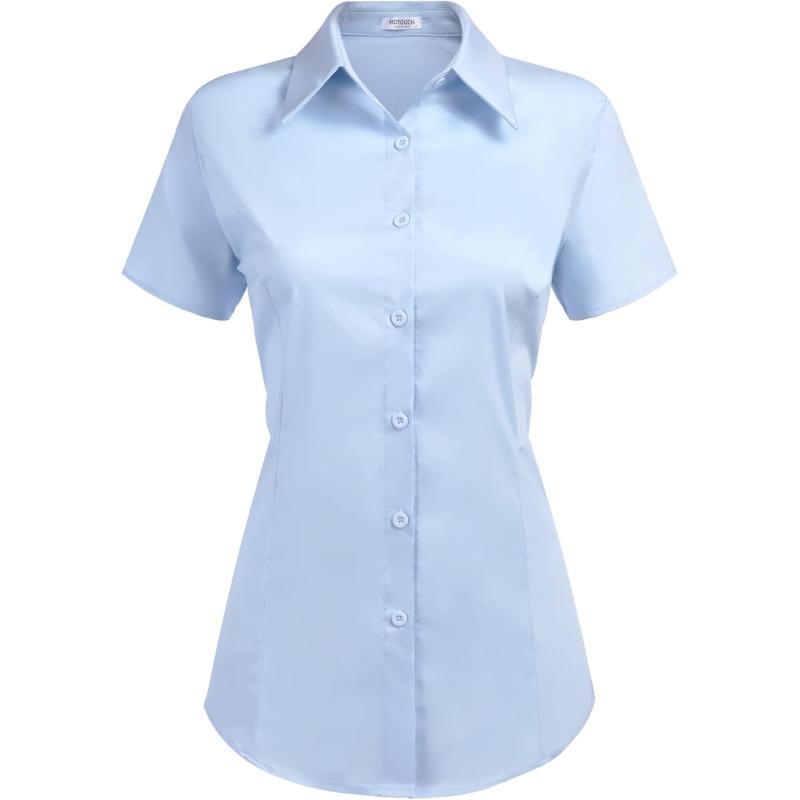 HOTOUCH Womens Basic Button Up Shirt Short Sleeve Stretchy Button Down Collared Shirts Waitress Work ShirtClear Blue