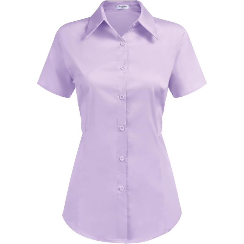 HOTOUCH Womens Basic Button Up Shirt Short Sleeve Stretchy Button Down Collared Shirts Waitress Work ShirtLavender