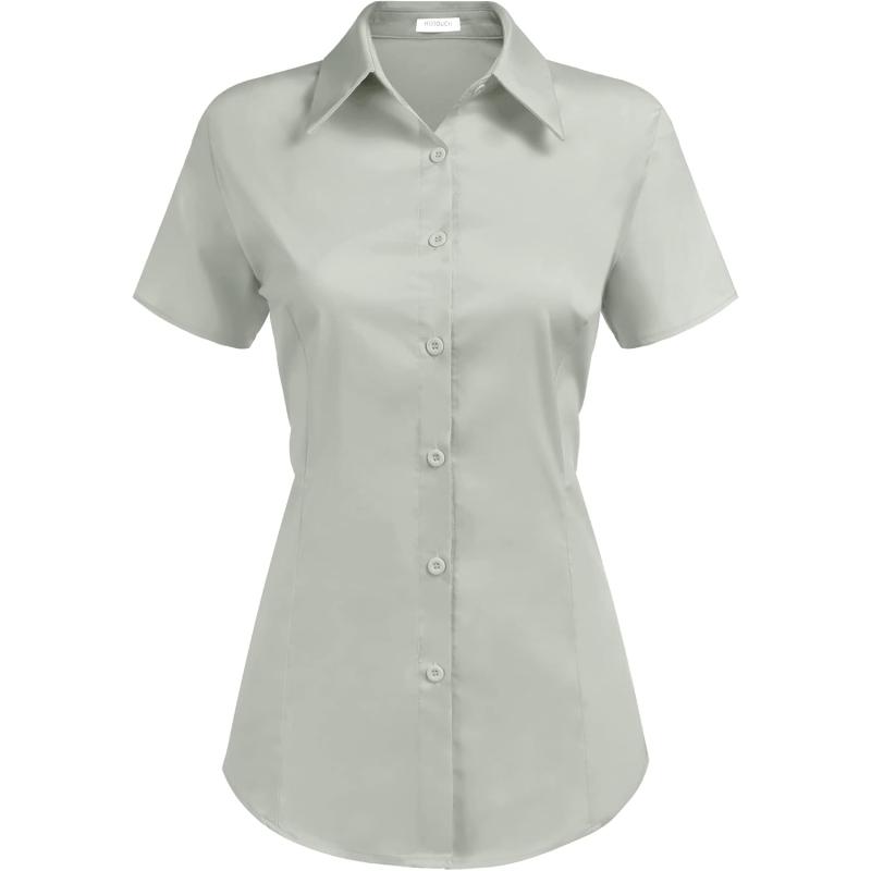 HOTOUCH Womens Basic Button Up Shirt Short Sleeve Stretchy Button Down Collared Shirts Waitress Work ShirtLight Green