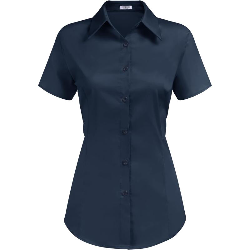 HOTOUCH Womens Basic Button Up Shirt Short Sleeve Stretchy Button Down Collared Shirts Waitress Work ShirtNavy Blue