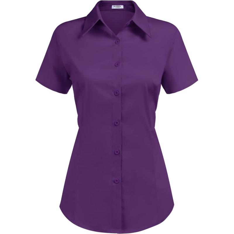 HOTOUCH Womens Basic Button Up Shirt Short Sleeve Stretchy Button Down Collared Shirts Waitress Work ShirtPurple
