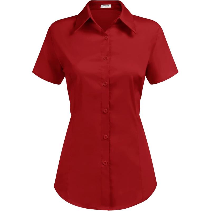 HOTOUCH Womens Basic Button Up Shirt Short Sleeve Stretchy Button Down Collared Shirts Waitress Work ShirtRed