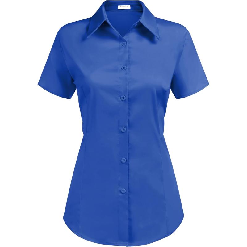 HOTOUCH Womens Basic Button Up Shirt Short Sleeve Stretchy Button Down Collared Shirts Waitress Work ShirtRoyal Blue