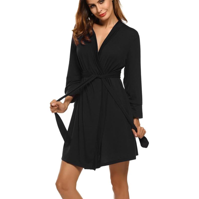 HOTOUCH Womens Robe Lightweight Cotton Robes Short Knit Bathrobe Soft Ladies Sleepwear with Pockets01 Black