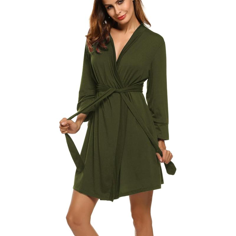 HOTOUCH Womens Robe Lightweight Cotton Robes Short Knit Bathrobe Soft Ladies Sleepwear with PocketsArmy Green
